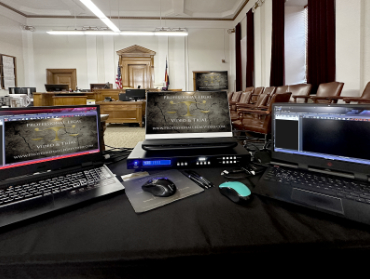 equipment setup inside a courtroom